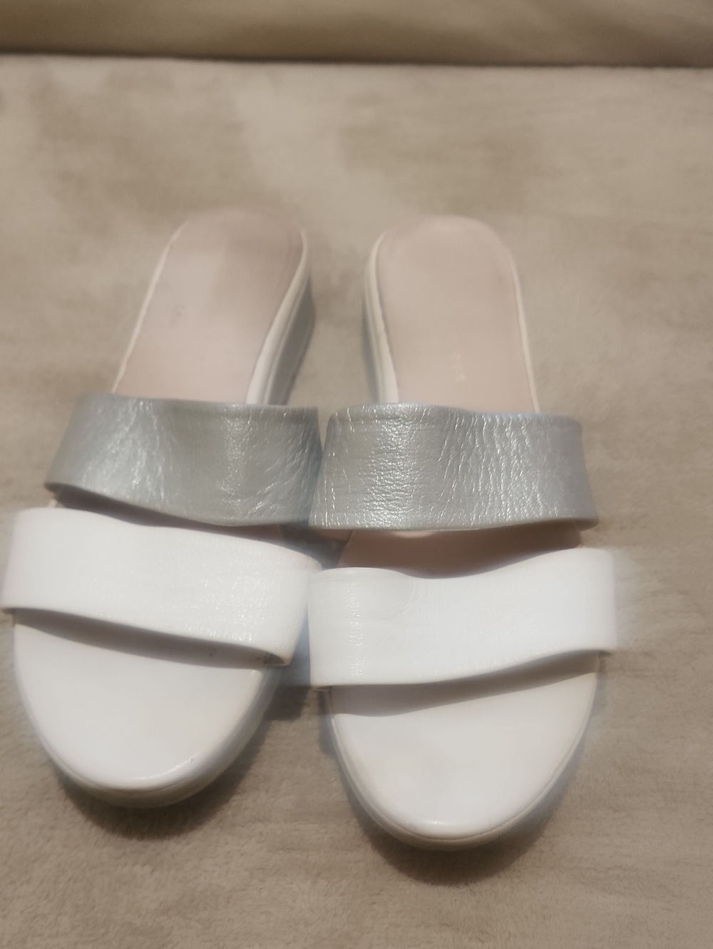 Women's Two-Band Slide Sandals in White and Silver